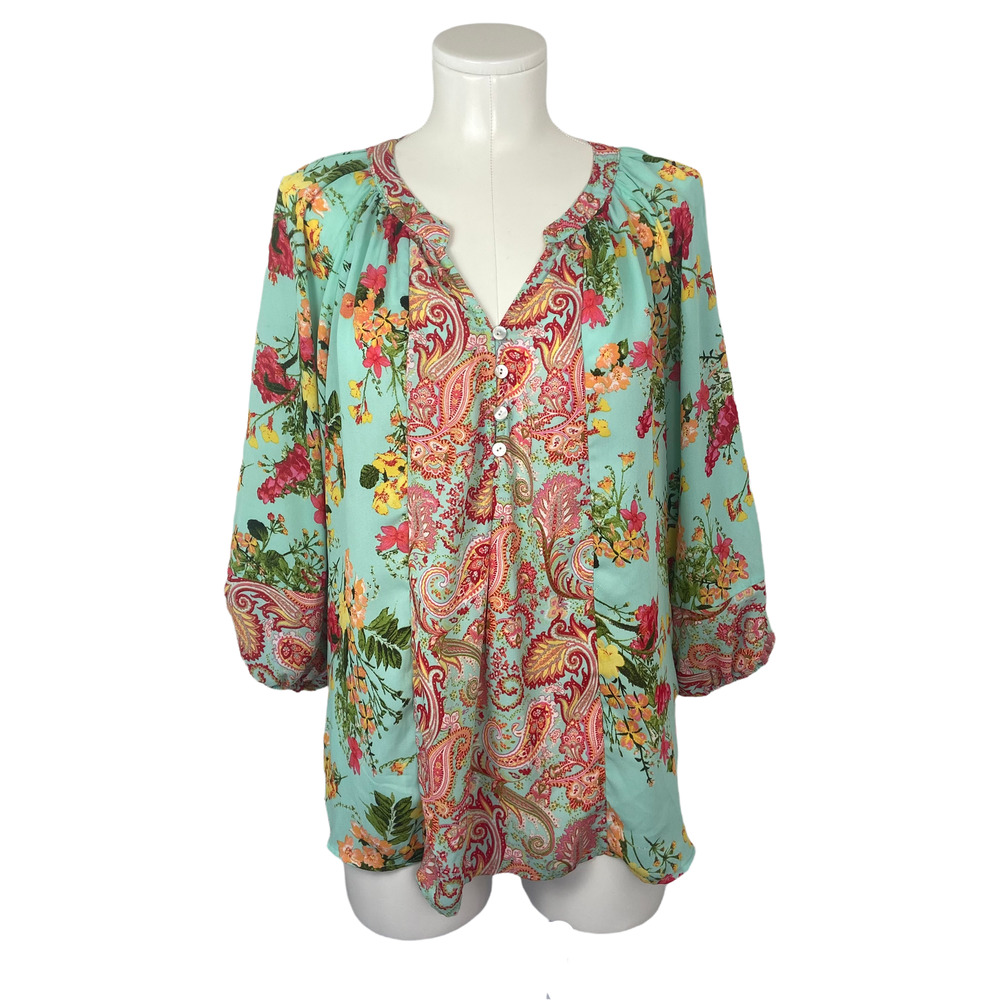 Fig and Flower Anthropologie Floral Paisley Teal Button Blouse | Size M